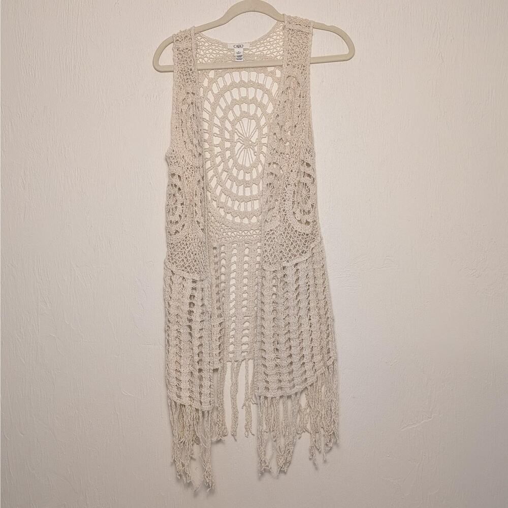 Cato Boho Cream Crochet Knit Long Hippie Vest W/ Fringe Size M Festival